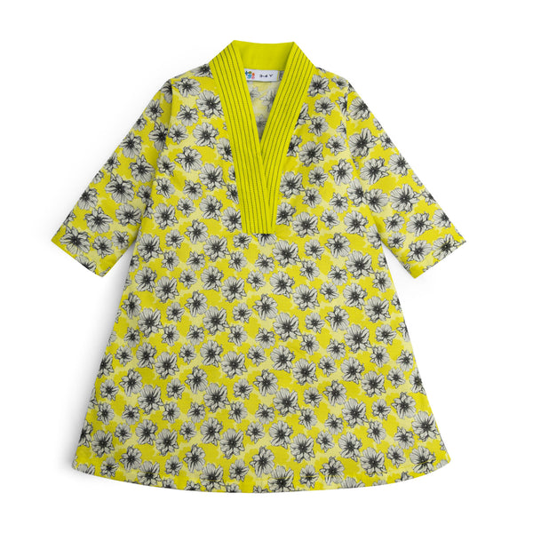 Lime Yellow Floral Printed Cotton Kurti