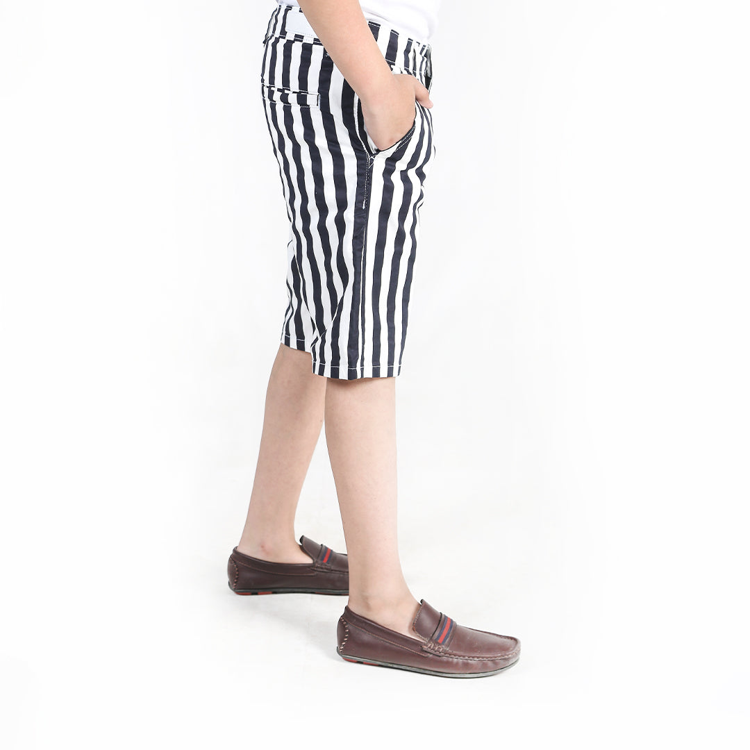 White & Black Striped Twill Shorts