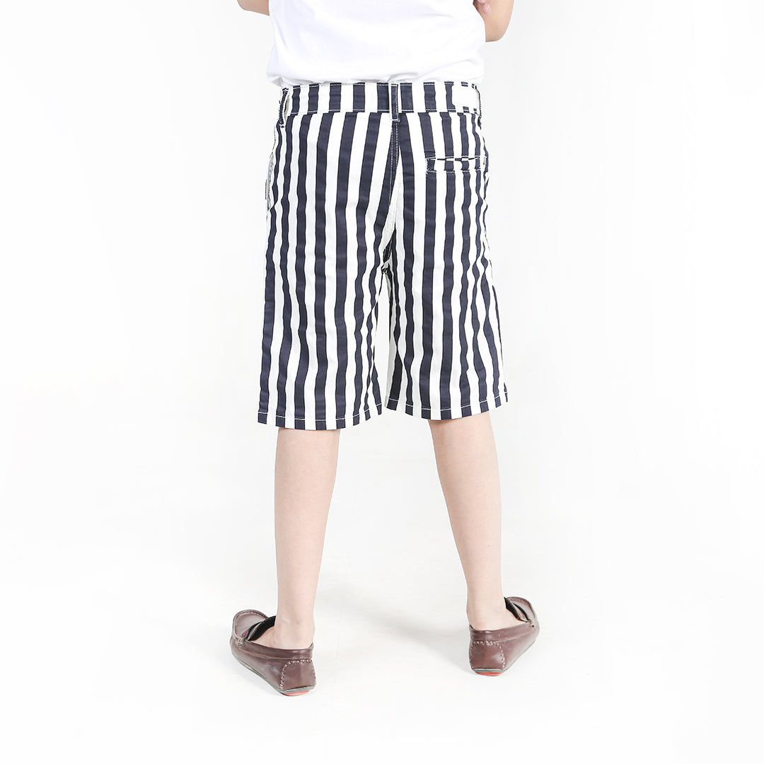 White & Black Striped Twill Shorts