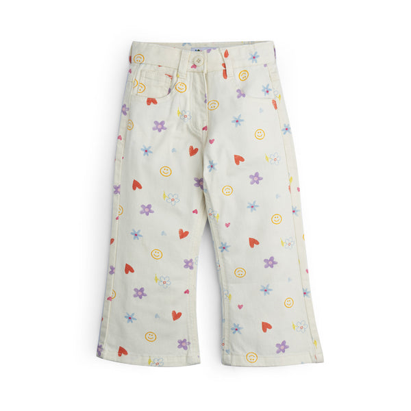Girls White Printed Denim