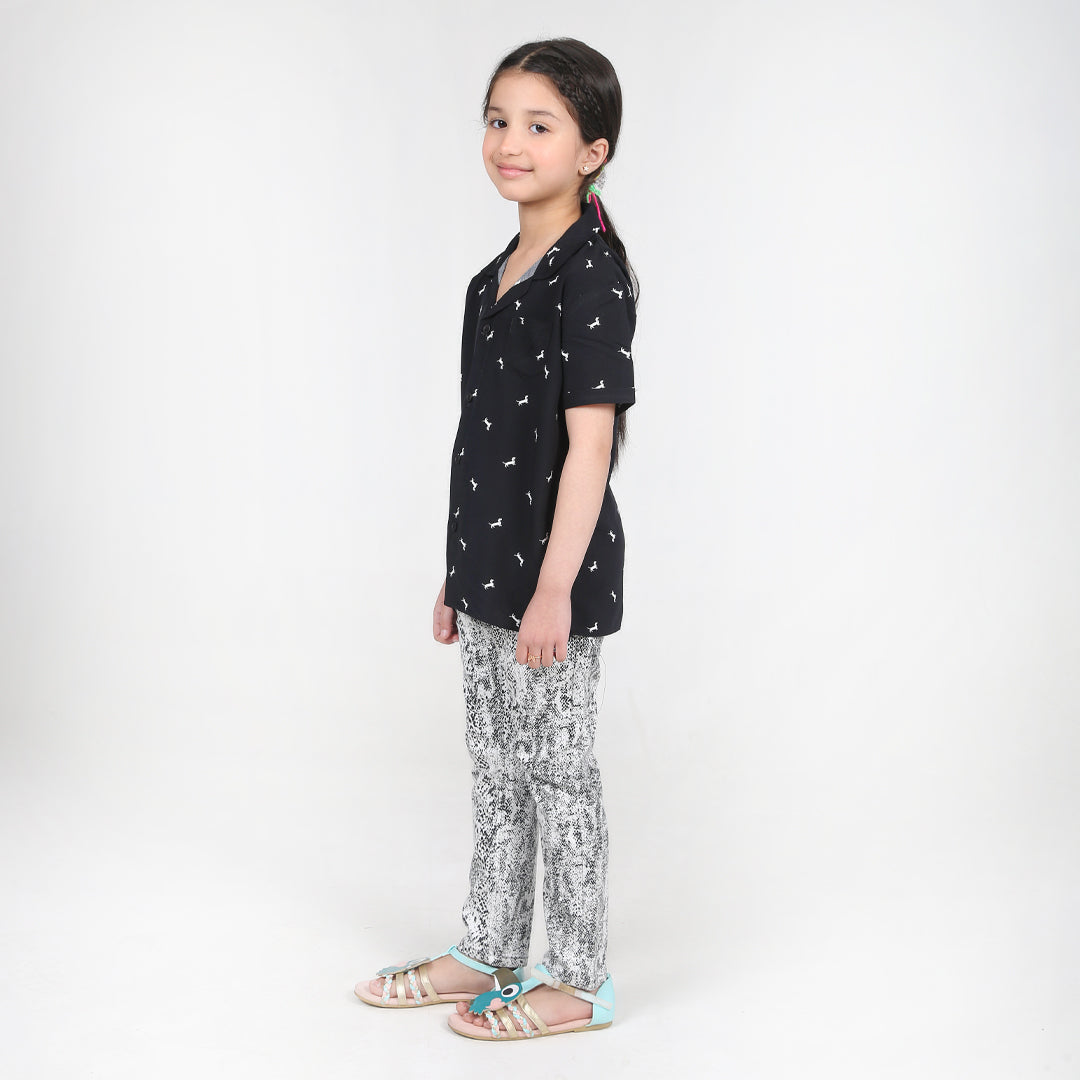 Girls Black Lilen Printed Shirt