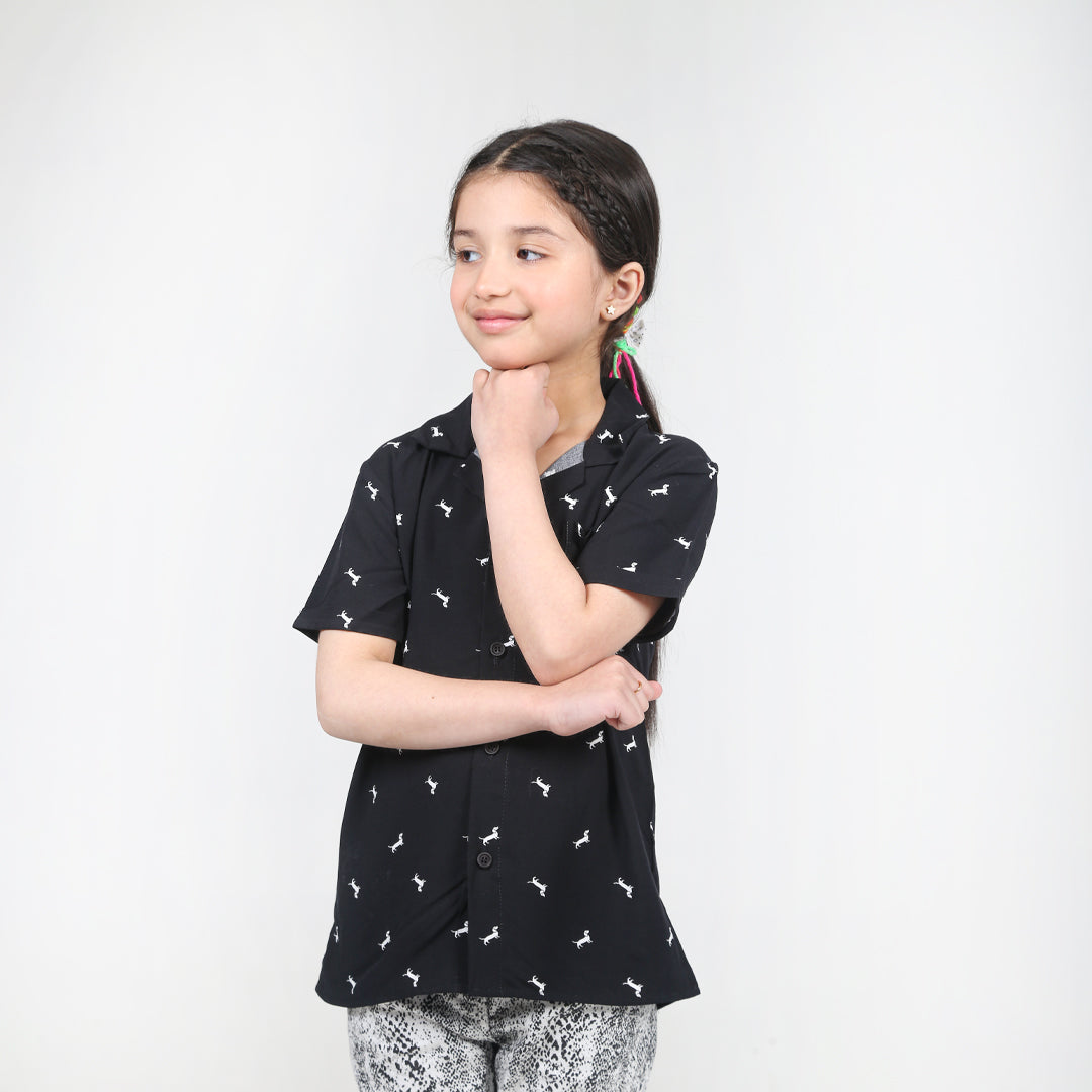 Girls Black Lilen Printed Shirt