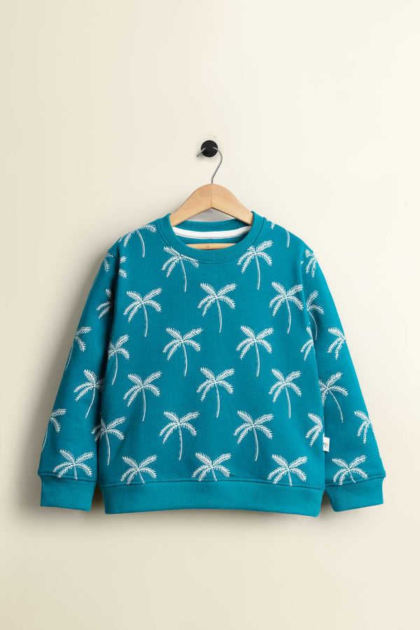 White Palm Teal Fleece Sweatshirt