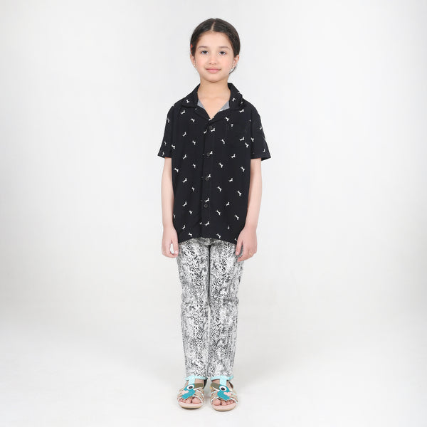 Girls Black Lilen Printed Shirt