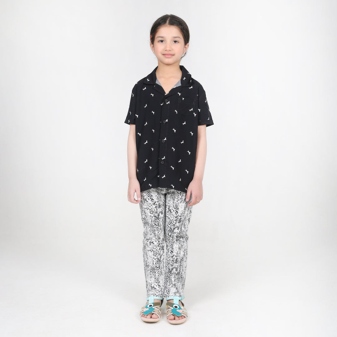 Girls Black Lilen Printed Shirt