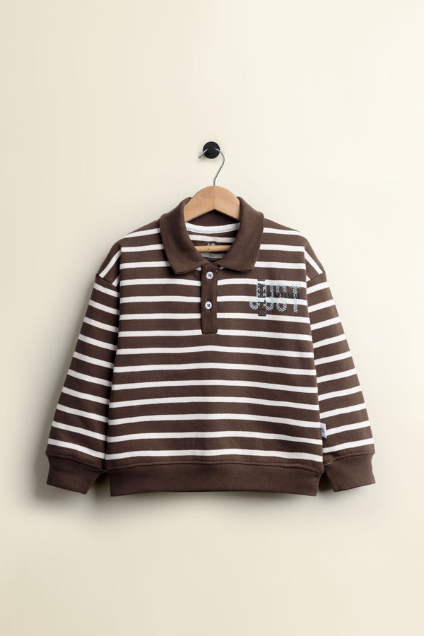 Brown Striped Full Sleeve Fleece Polo